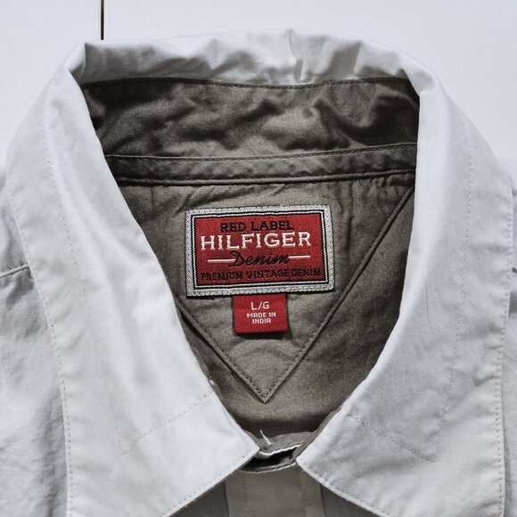 Red Label Hilfiger Denim Shirt Men L Cream Khaki LS Y2K Pearl Button Up Boho VTG - Picture 3 of 16